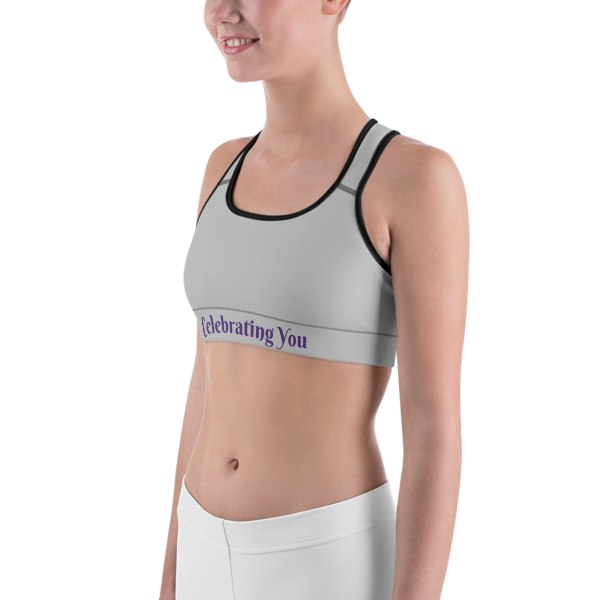 Celebrating You Designer Sports Bra - WNO - Purple on Light Grey