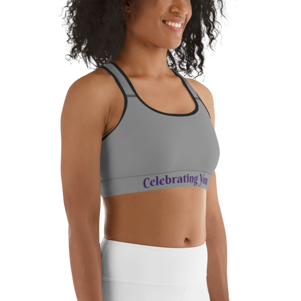 Celebrating You Designer Sports Bra - WONO - Purple on Medium Grey