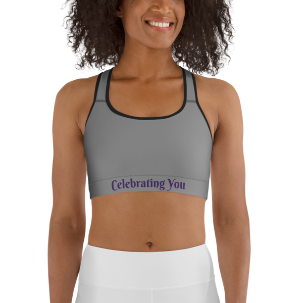 Celebrating You Designer Sports Bra - WONO - Purple on Medium Grey, Color: White, Size: XS