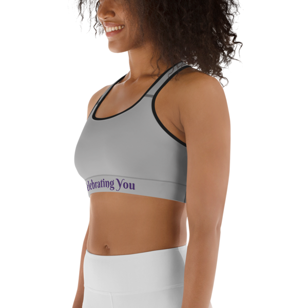 Celebrating You Designer Sports Bra - WONO - Purple on Light Grey