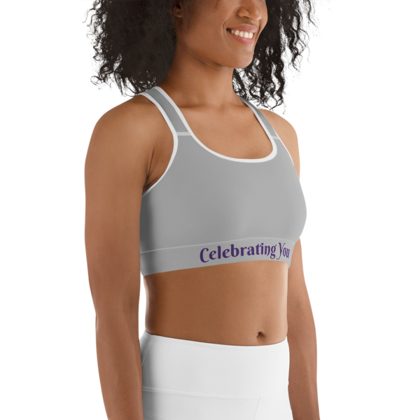 Celebrating You Designer Sports Bra - WONO - Purple on Light Grey