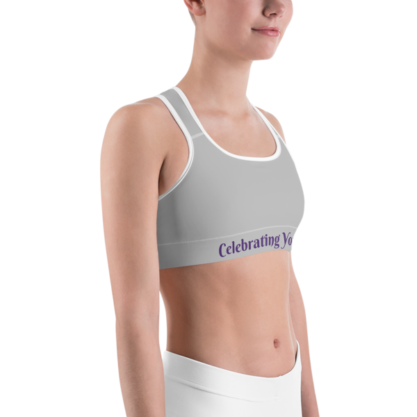 Celebrating You Designer Sports Bra - WNO - Purple on Light Grey
