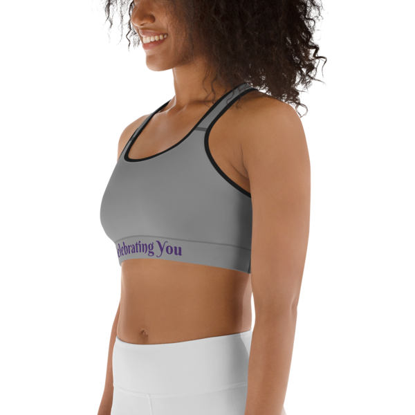 Celebrating You Designer Sports Bra - WONO - Purple on Medium Grey