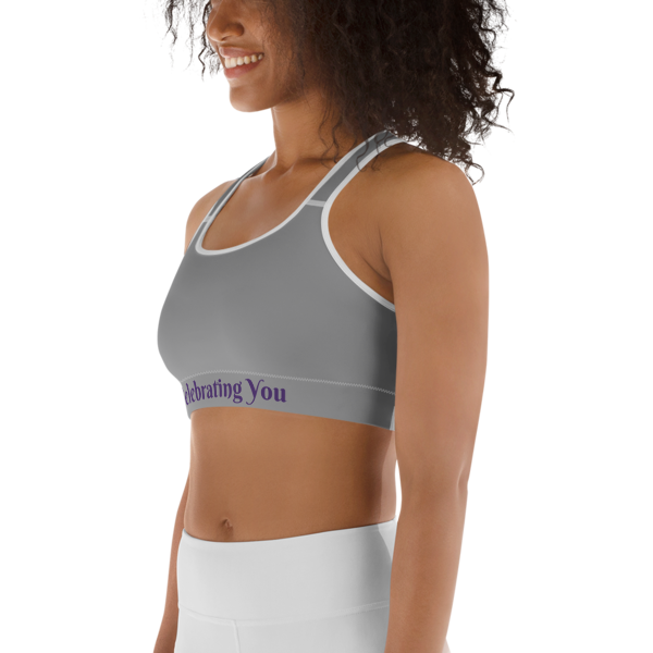 Celebrating You Designer Sports Bra - WONO - Purple on Medium Grey