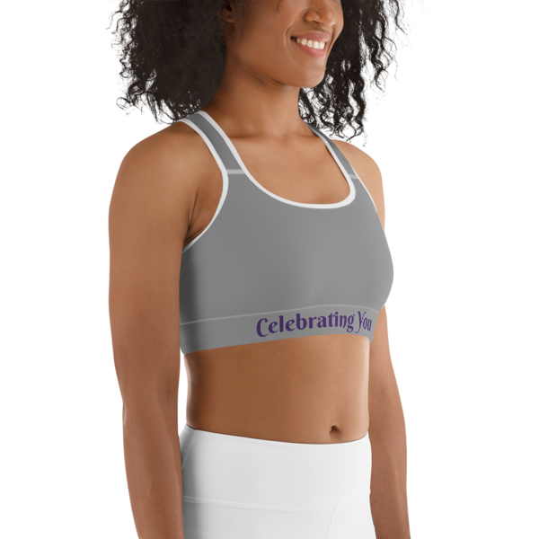 Celebrating You Designer Sports Bra - WONO - Purple on Medium Grey