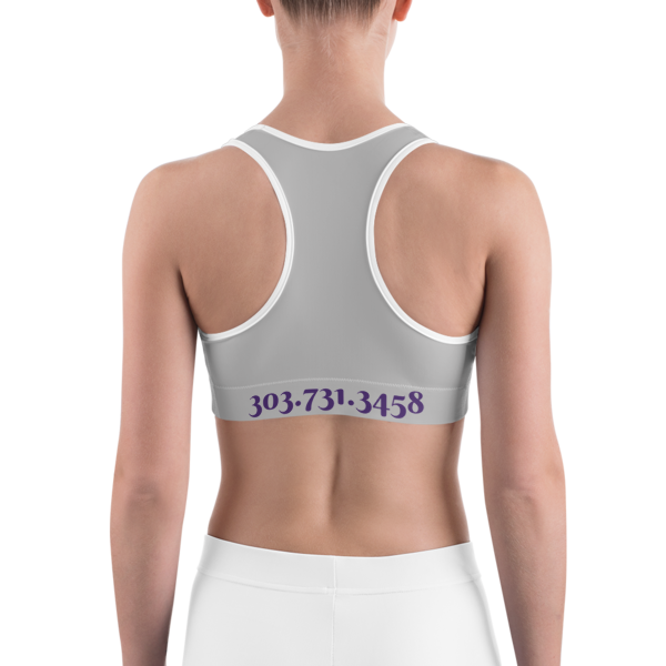 Celebrating You Designer Sports Bra - WNO - Purple on Light Grey