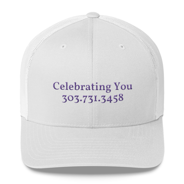 Celebrating You Designer Yupoong Trucker Hat - WNO Embroidered - Purple, Color: White