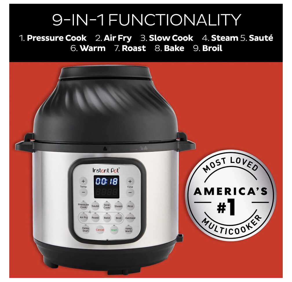 Instant Pot 8 Quart Crisp Multi-Cooker + Air Fryer, 9-in-1: Pressure Cook, Steam, Slow Cook, Sauté, Air Fry, Bake, Broil, Roast, Keep Warm, Rice, Oatmeal