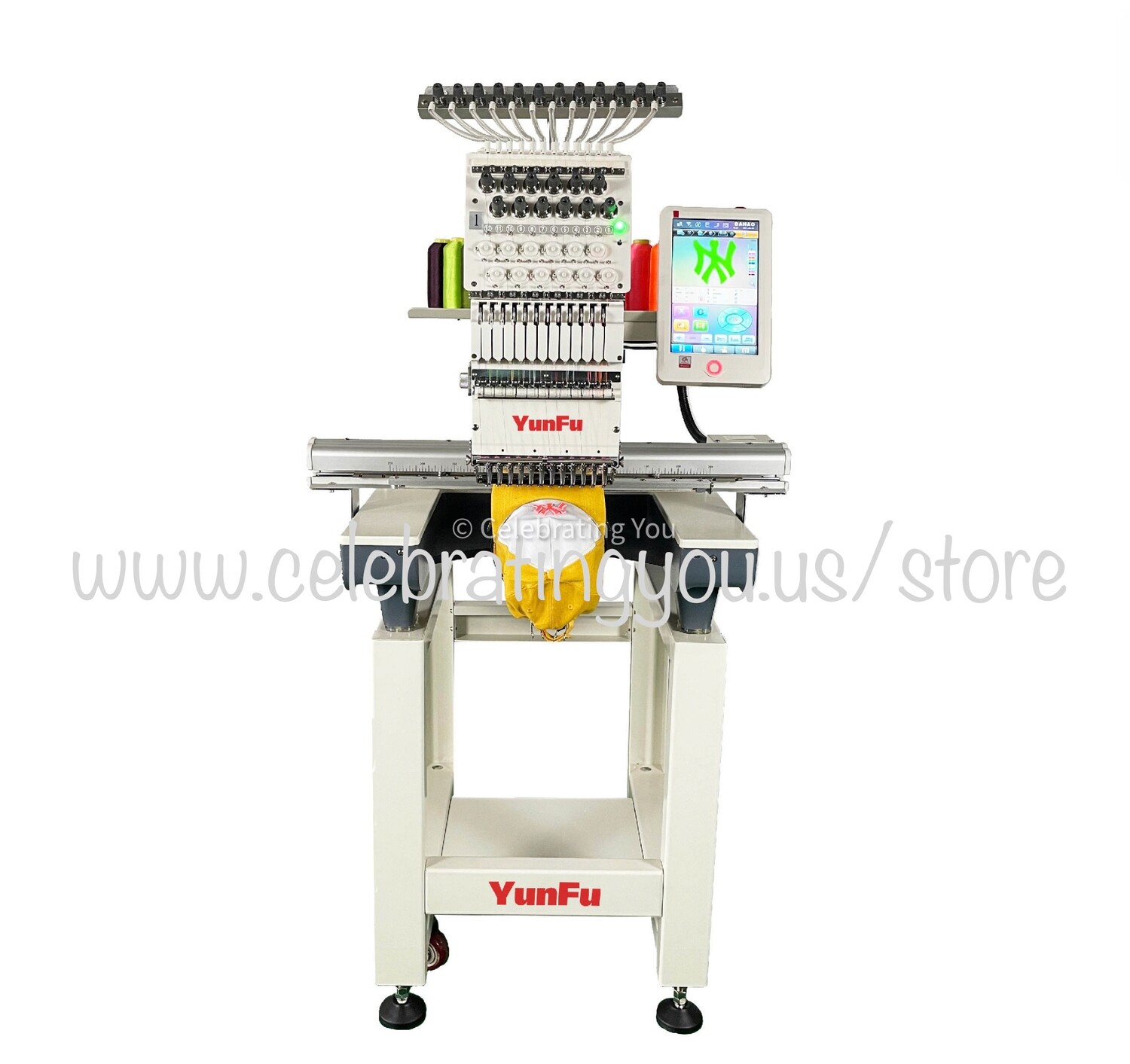 YungFu Customizable 12 or 15 Needle Single Head Compact Commercial Embroidery Machine up to 1200 RPM Speed with a 10" Color LCD Touch Screen with optional Cording, Color Loose Beads and Color Sequins