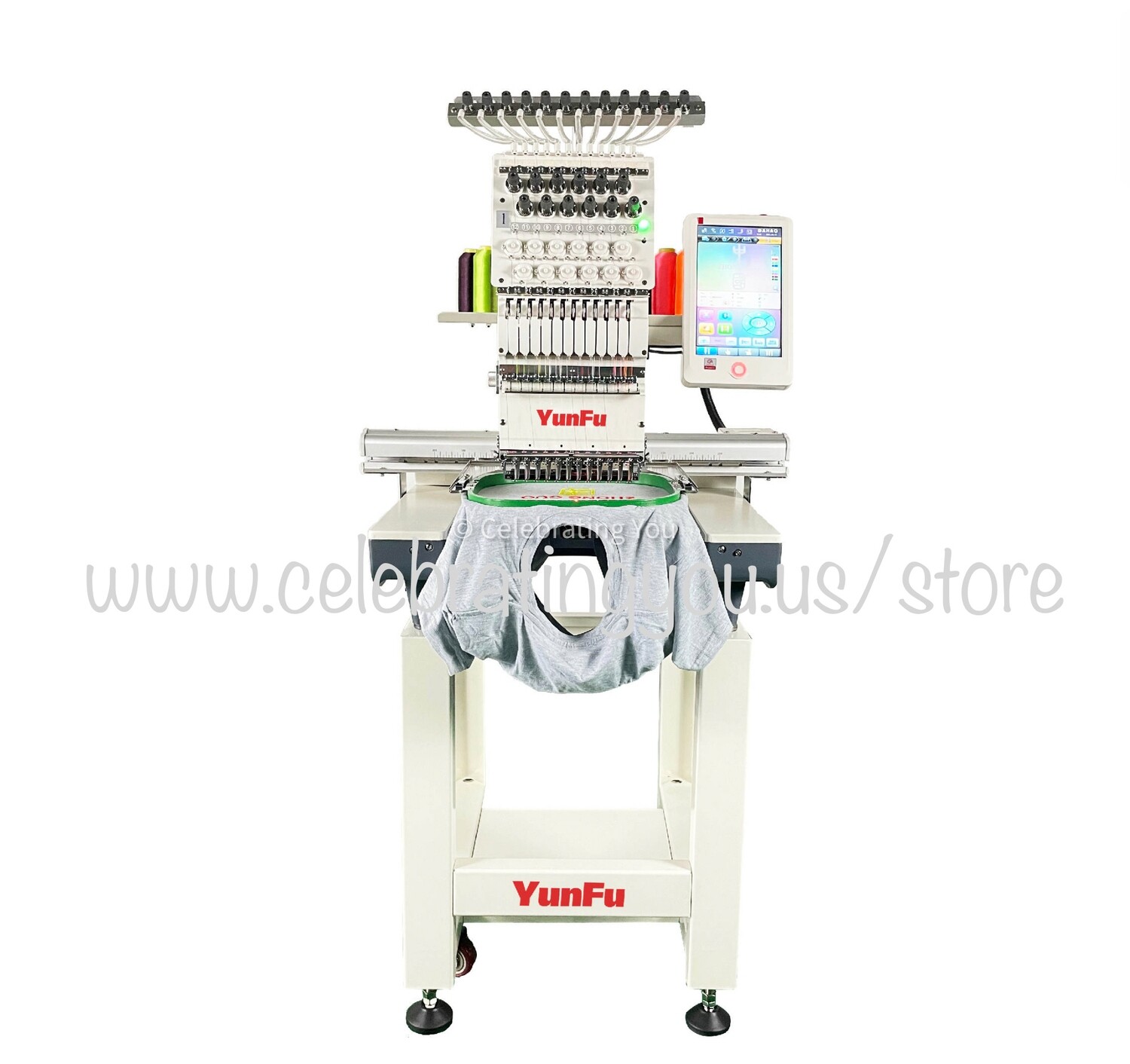 YungFu Customizable 12 or 15 Needle Single Head Compact Commercial Embroidery Machine up to 1200 RPM Speed with a 10&quot; Color LCD Touch Screen with optional Cording, Color Loose Beads and Color Sequins