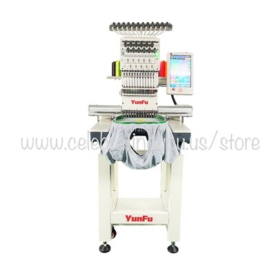 YungFu Customizable 12 or 15 Needle Single Head Compact Commercial Embroidery Machine up to 1200 RPM Speed with a 10" Color LCD Touch Screen with optional Cording, Color Loose Beads and Color Sequins