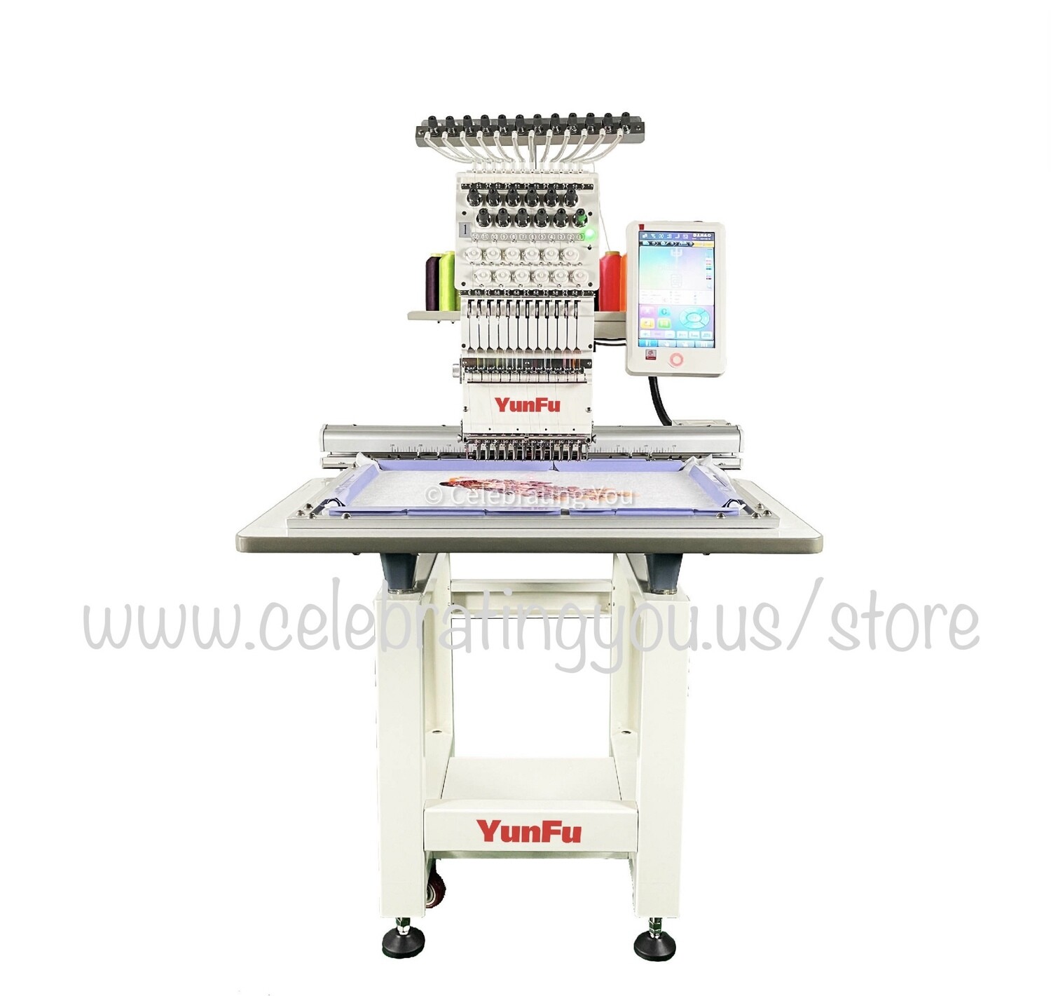 YungFu Customizable 12 or 15 Needle Single Head Compact Commercial Embroidery Machine up to 1200 RPM Speed with a 10&quot; Color LCD Touch Screen with optional Cording, Color Loose Beads and Color Sequins