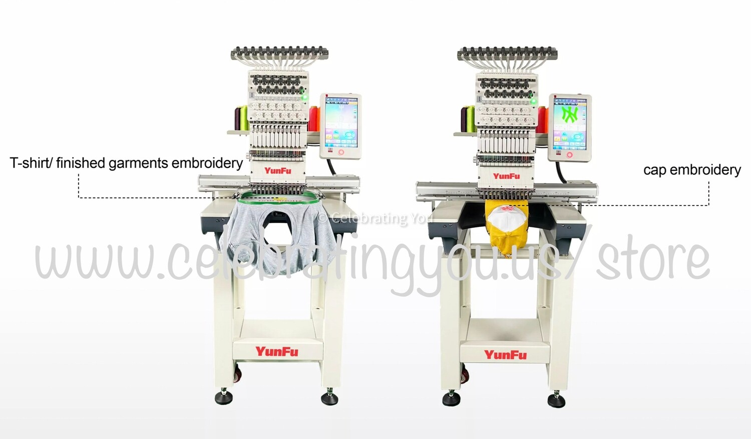 YungFu Customizable 12 or 15 Needle Single Head Compact Commercial Embroidery Machine up to 1200 RPM Speed with a 10&quot; Color LCD Touch Screen with optional Cording, Color Loose Beads and Color Sequins