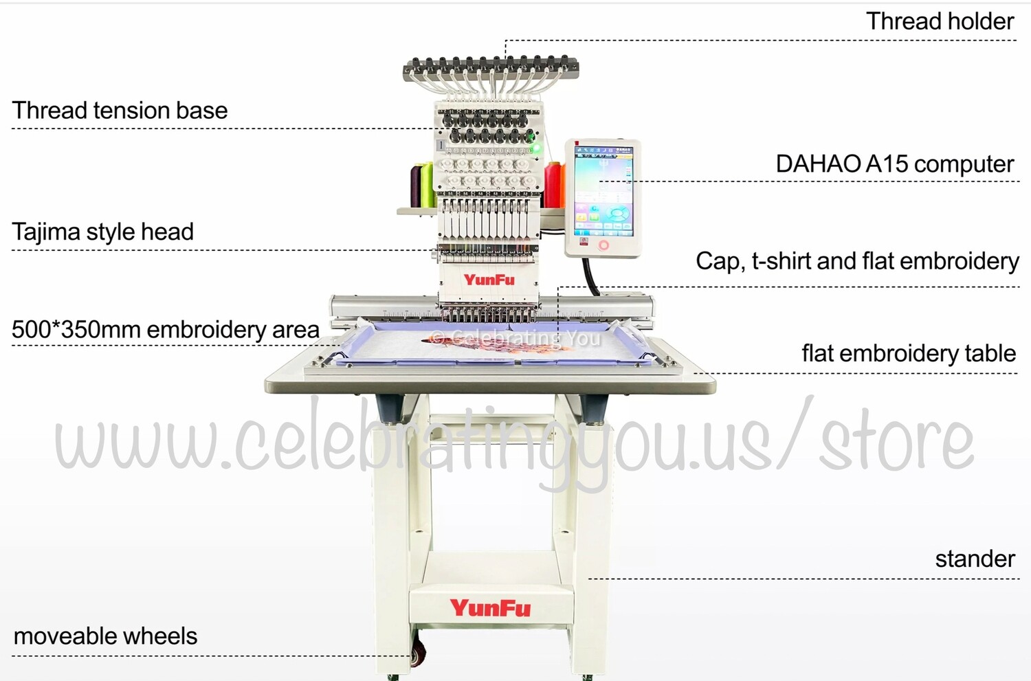 YungFu Customizable 12 or 15 Needle Single Head Compact Commercial Embroidery Machine up to 1200 RPM Speed with a 10&quot; Color LCD Touch Screen with optional Cording, Color Loose Beads and Color Sequins