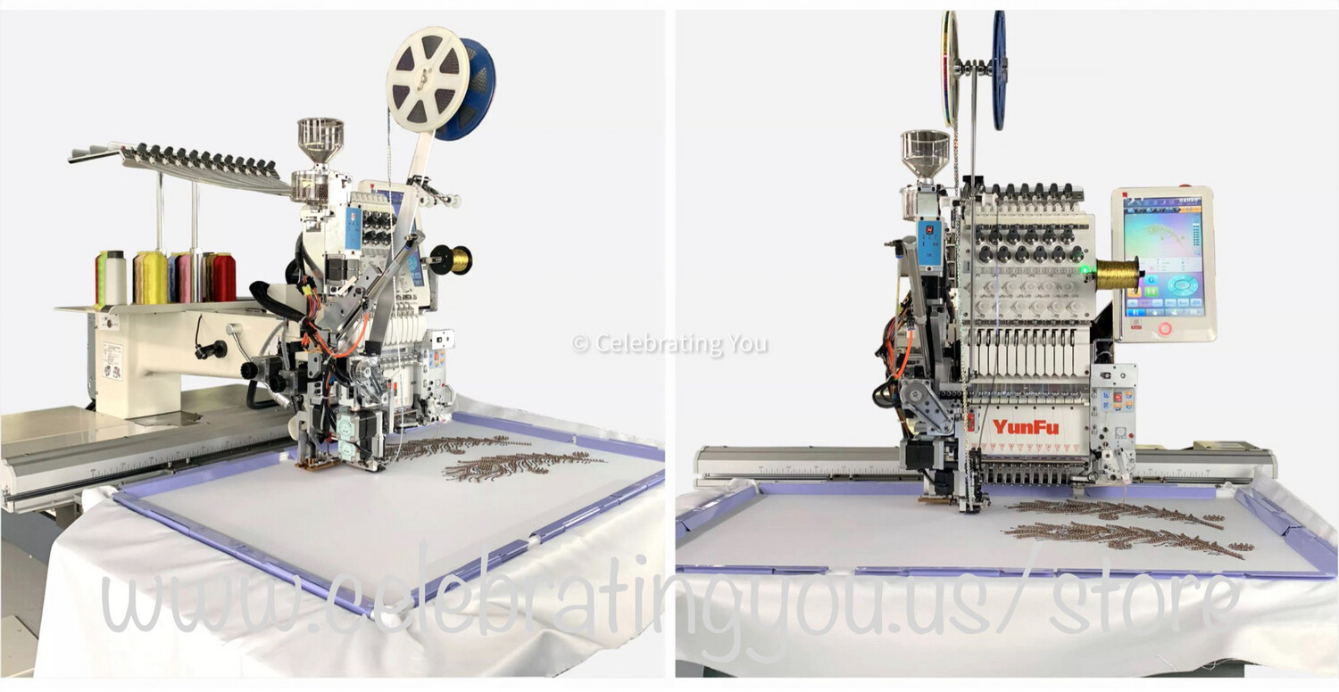 YungFu Customizable 12 or 15 Needle Single Head Commercial Embroidery Machine up to 1200 RPM Speed with a 10&quot; Color LCD Touch Screen with optional Cording, Color Loose Beads and Color Sequins
