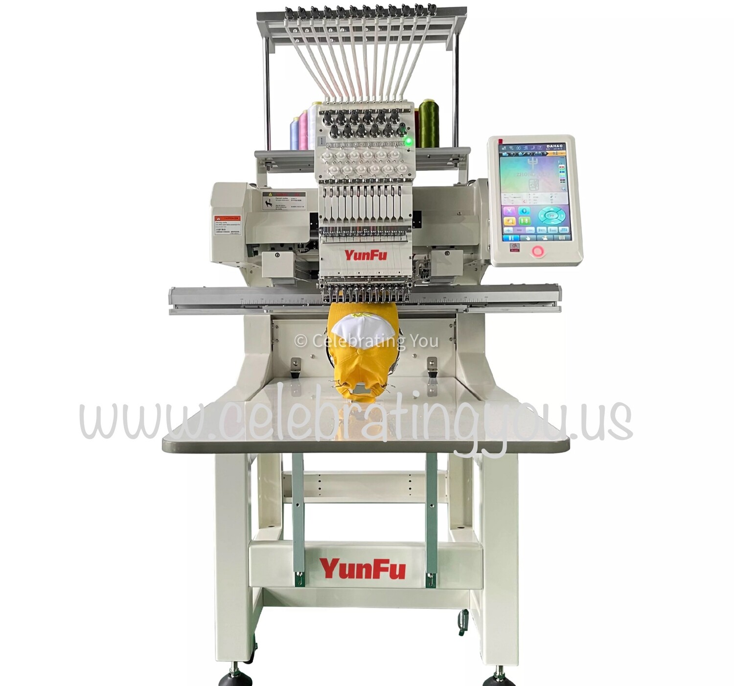 YungFu Customizable 12 or 15 Needle Single Head Commercial Embroidery Machine up to 1200 RPM Speed with a 10" Color LCD Touch Screen with optional Cording, Color Loose Beads and Color Sequins