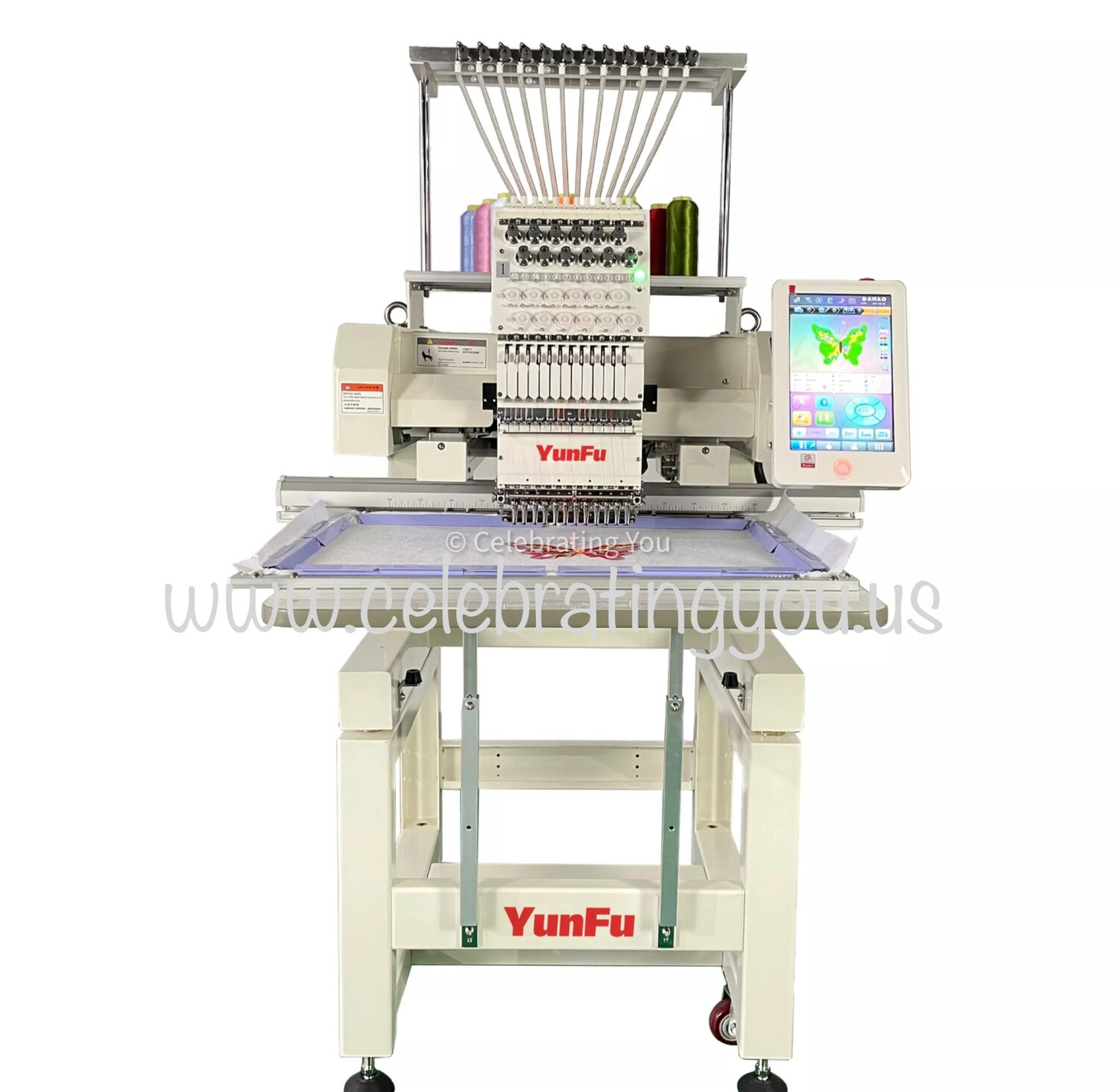 YungFu Customizable 12 or 15 Needle Single Head Commercial Embroidery Machine up to 1200 RPM Speed with a 10&quot; Color LCD Touch Screen with optional Cording, Color Loose Beads and Color Sequins