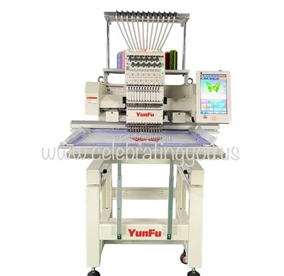 YungFu Customizable 9, 12 or 15 Needle Single Head Commercial Embroidery Machine up to 1200 RPM Speed with a 10" Color LCD Touch Screen with optional Cording, Color Loose Beads and Color Sequins