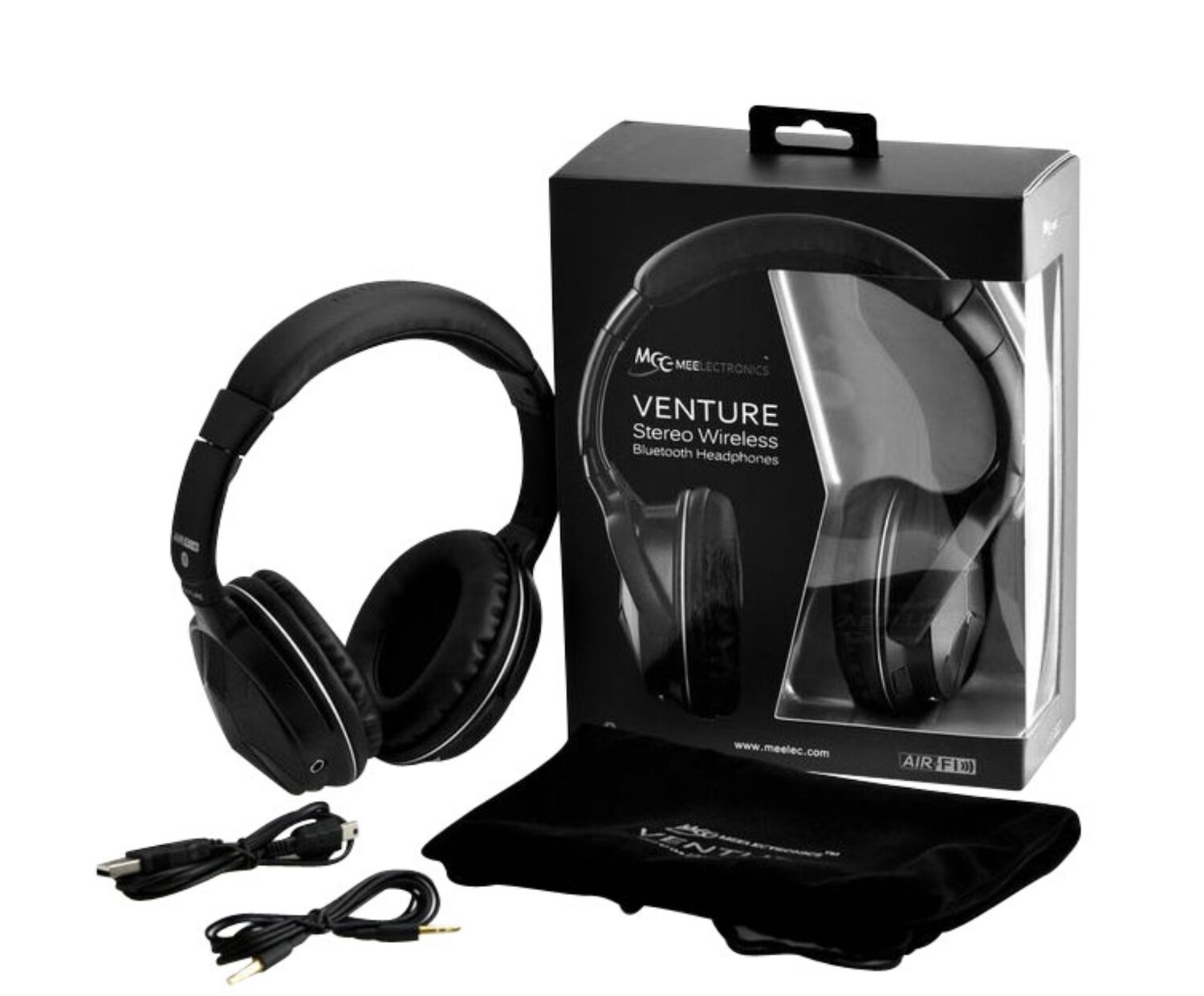 Air-Fi Venture Stereo Bluetooth Wireless Foldable Over-the-Ear Headphones with a separate (1/8) stereo connection port without the need to be powered on plus a carrying pouch.