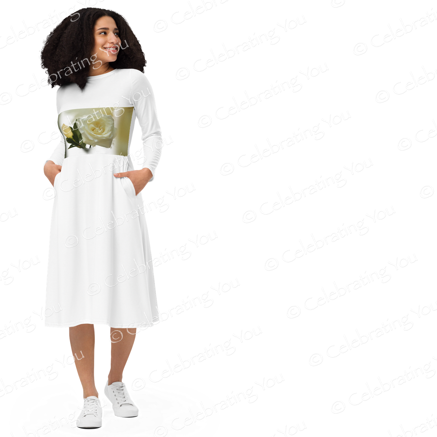 Celebrating You ‘ Rose of Life ‘ White Long Sleeve Midi Dress
