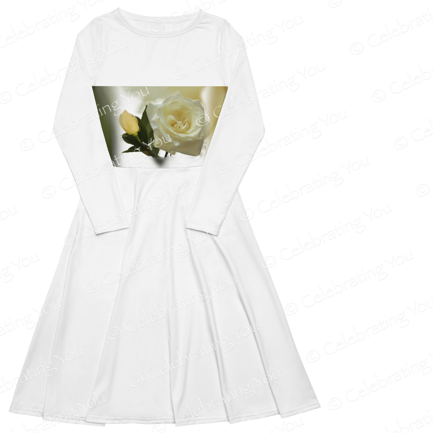Celebrating You ‘ Rose of Life ‘ White Long Sleeve Midi Dress