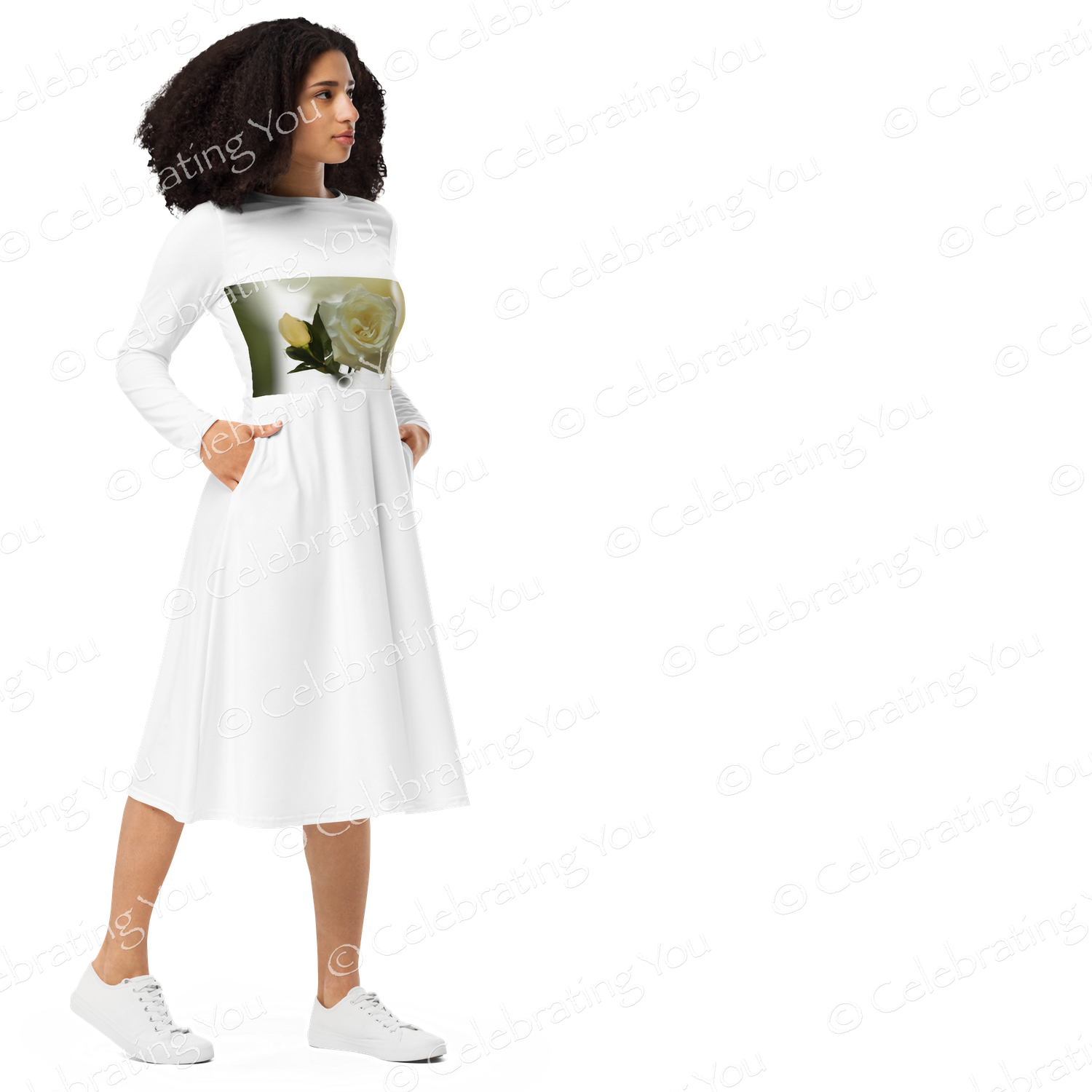 Celebrating You ‘ Rose of Life ‘ White Long Sleeve Midi Dress