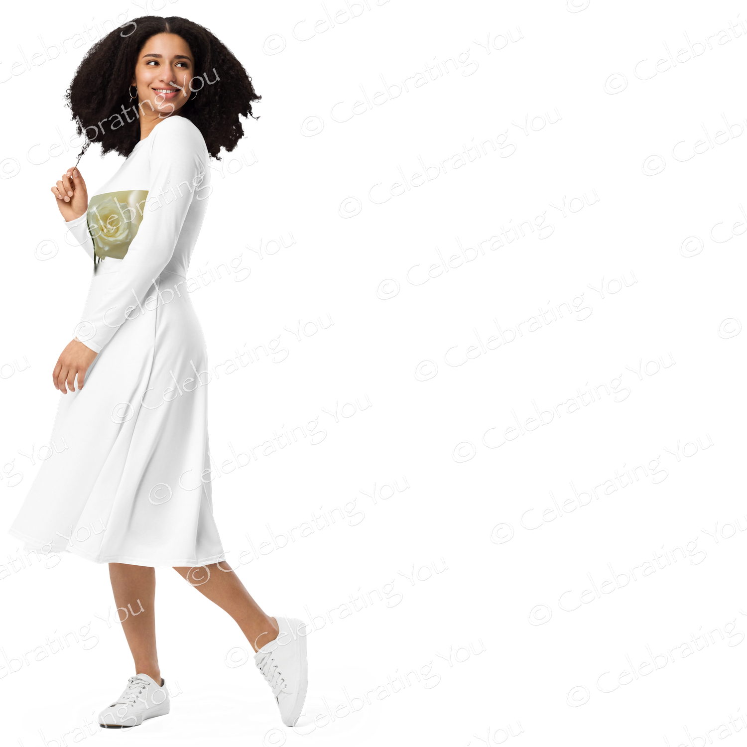 Celebrating You ‘ Rose of Life ‘ White Long Sleeve Midi Dress