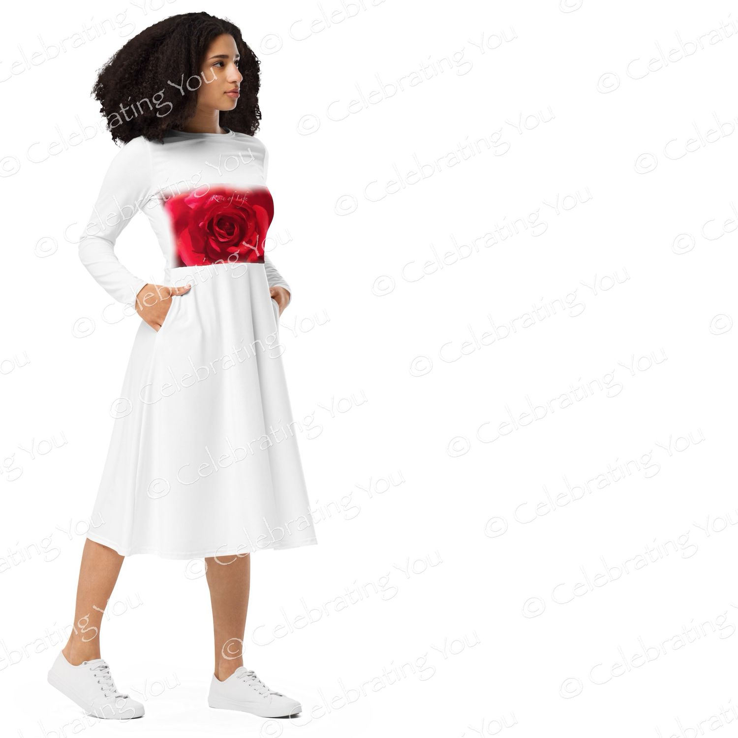 Celebrating You ‘ Rose of Life ‘ White Long Sleeve Midi Dress