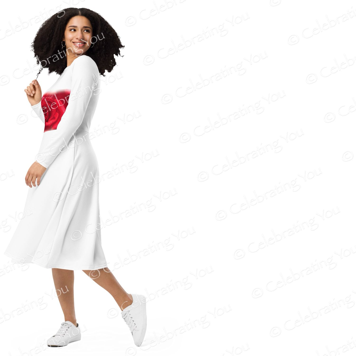 Celebrating You ‘ Rose of Life ‘ White Long Sleeve Midi Dress