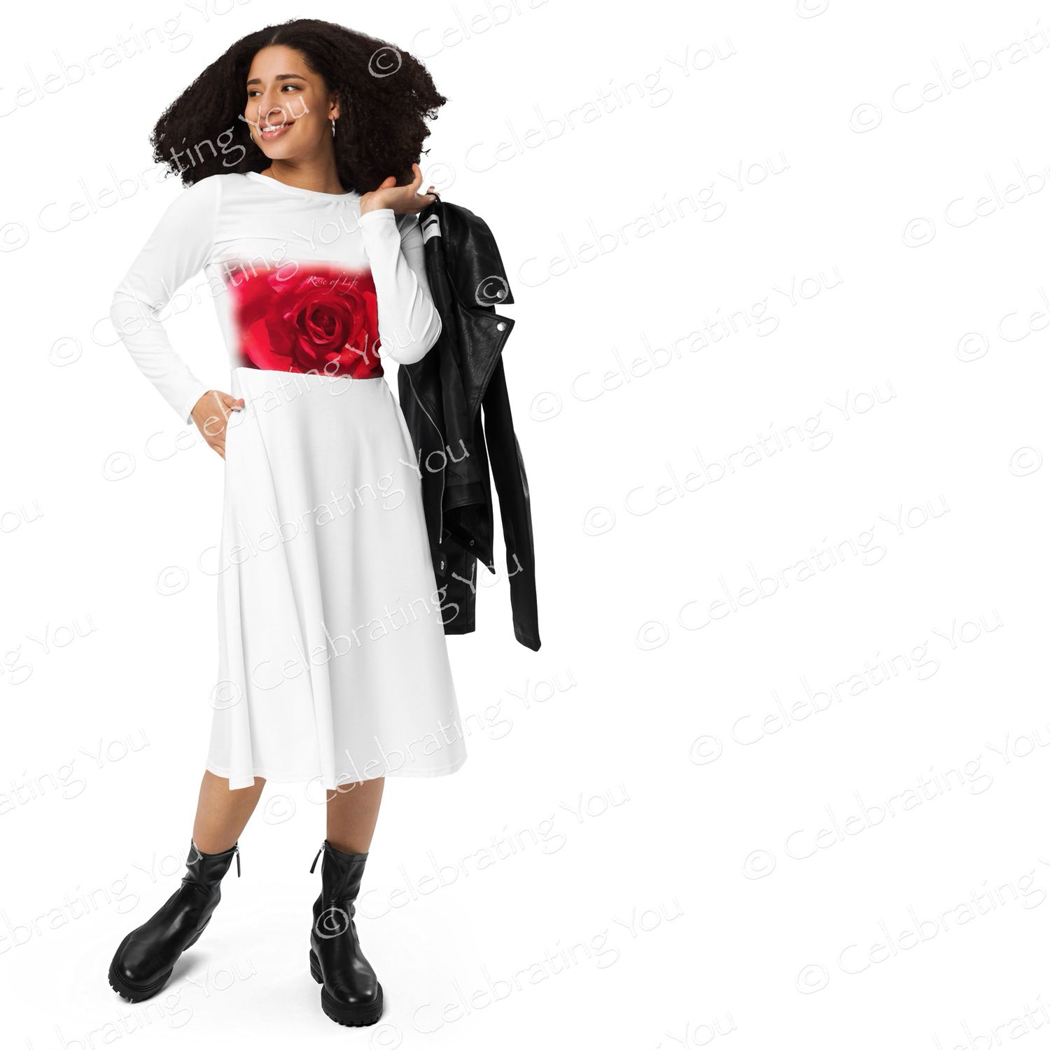 Celebrating You ‘ Rose of Life ‘ White Long Sleeve Midi Dress
