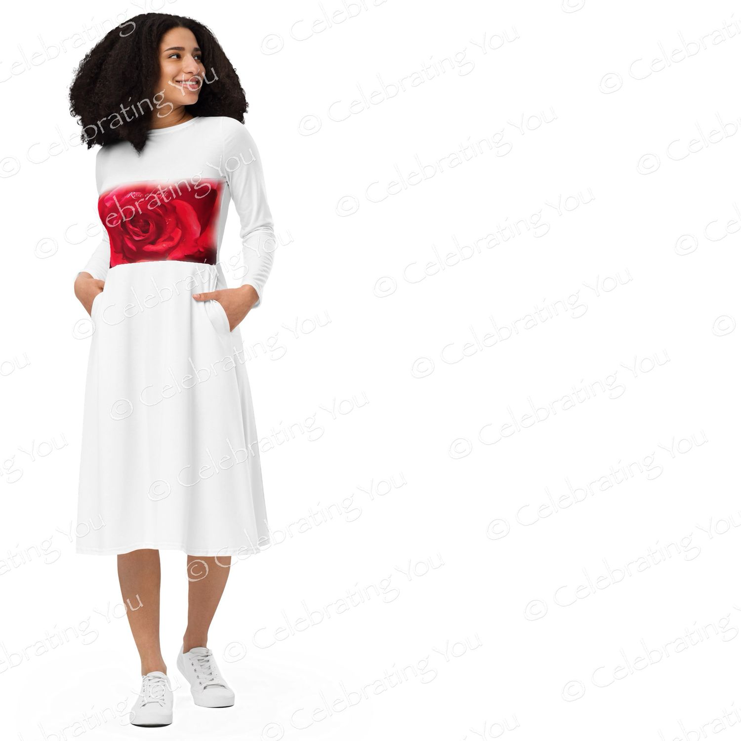 Celebrating You ‘ Rose of Life ‘ White Long Sleeve Midi Dress