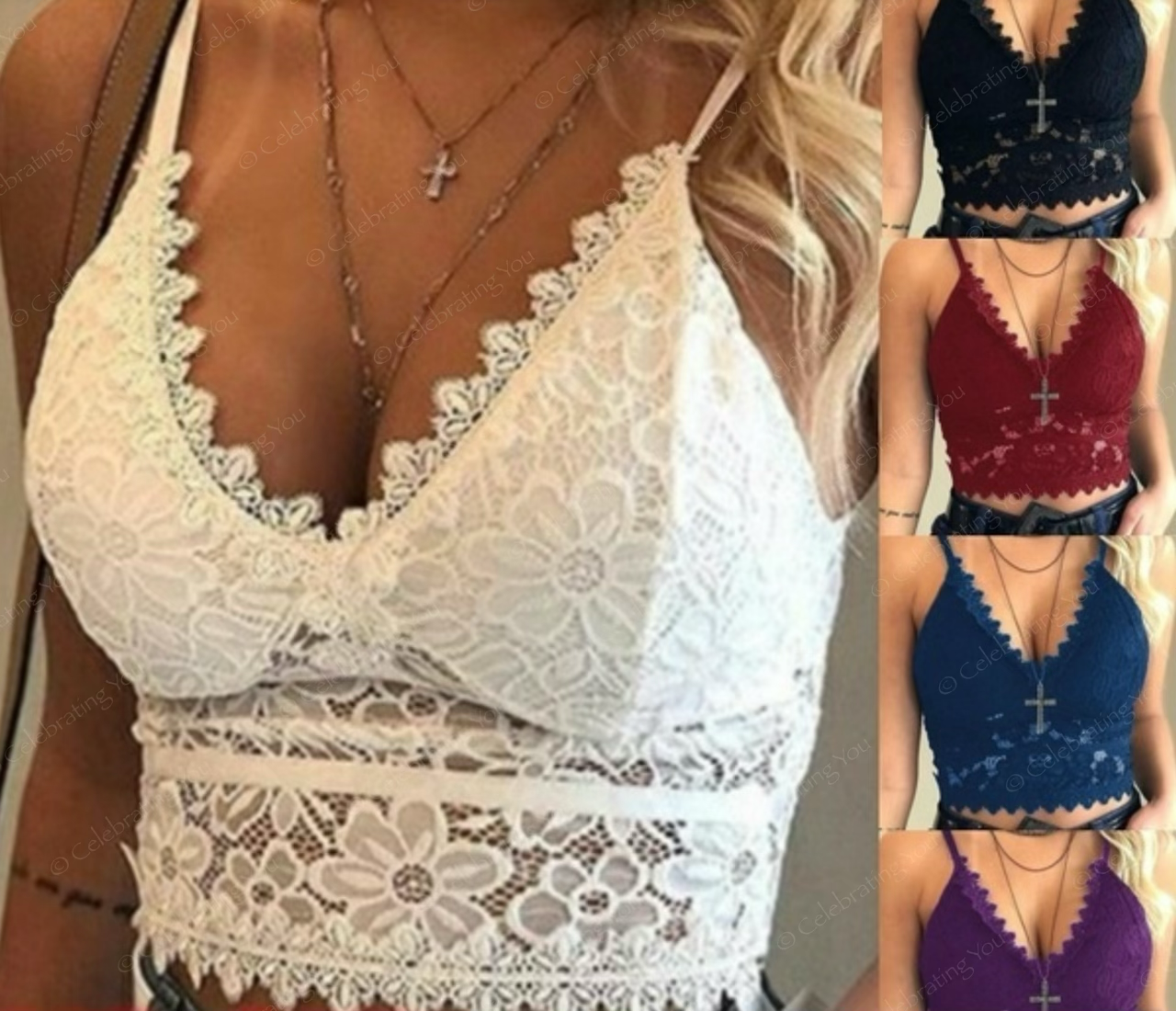 Women Fashion Lace Floral Camisole V-Neck All-In-One Bralette Blouse