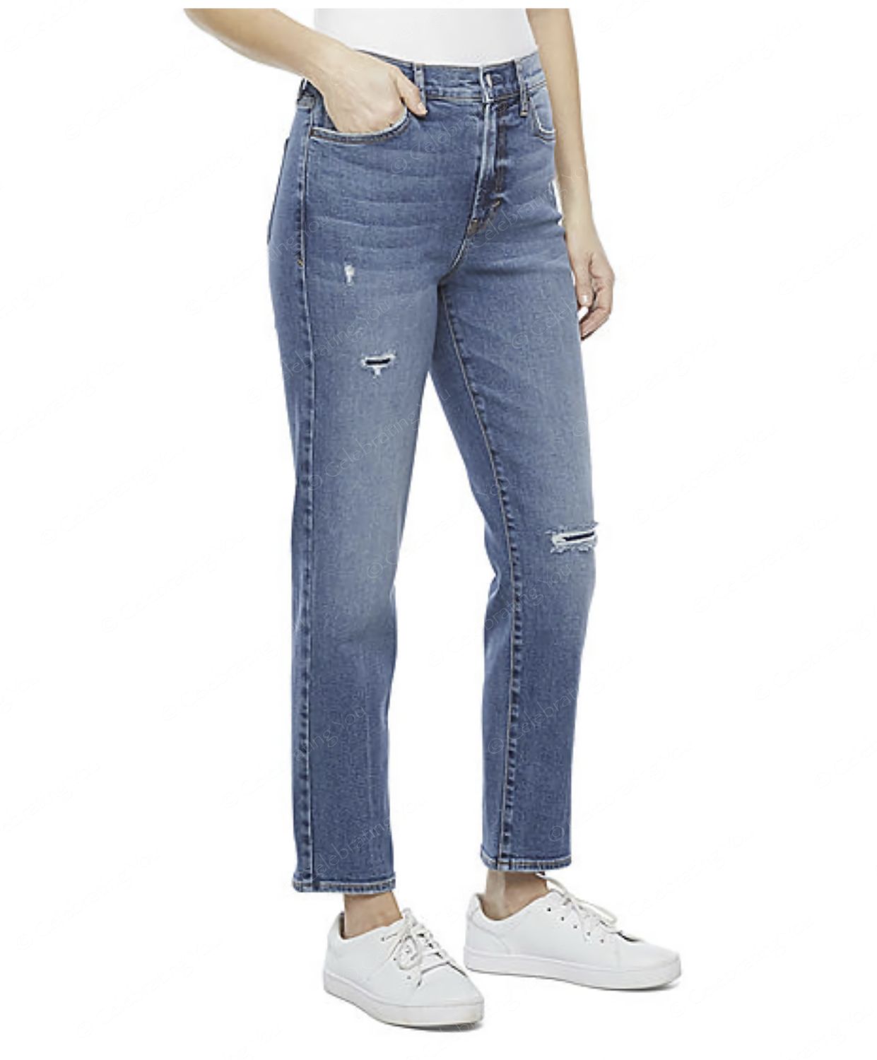 Women’s High Rise Straight Leg Jean Med Vintage Destro with Cutouts