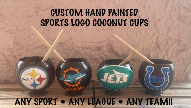 CUSTOM HANDPAINTED SPORTS LOGO COCONUT CUPS / FREE SHIPPING IN THE USA!