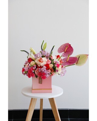 Flower Arrangement With Pink Box