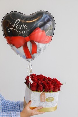 Red Rose With Heart Shape Box And Heart Balloon Helium