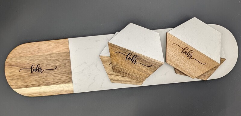 Serving Boards &amp; Coasters (acacia wood / faux white marble)