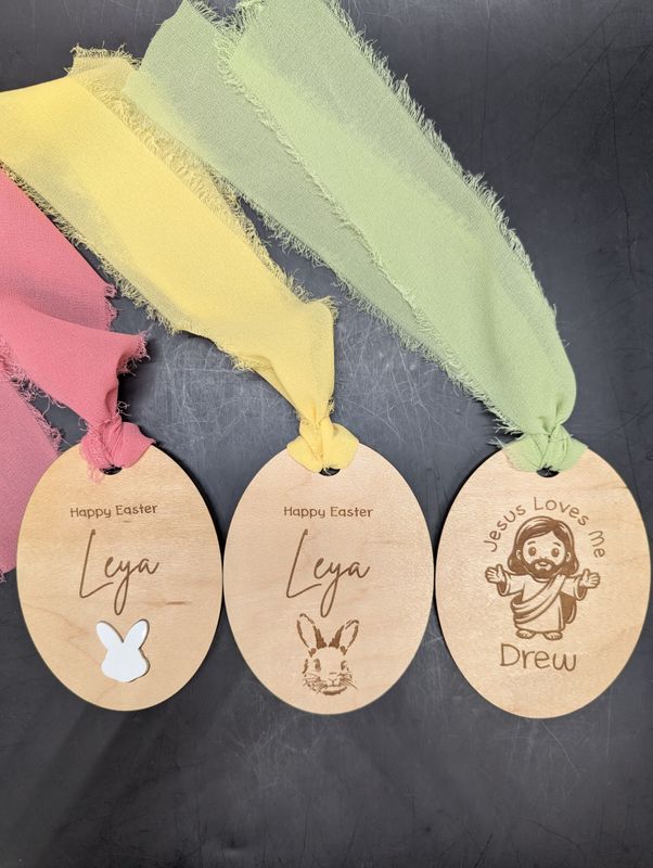 Personalized Wood Easter Basket Tags with Ribbon