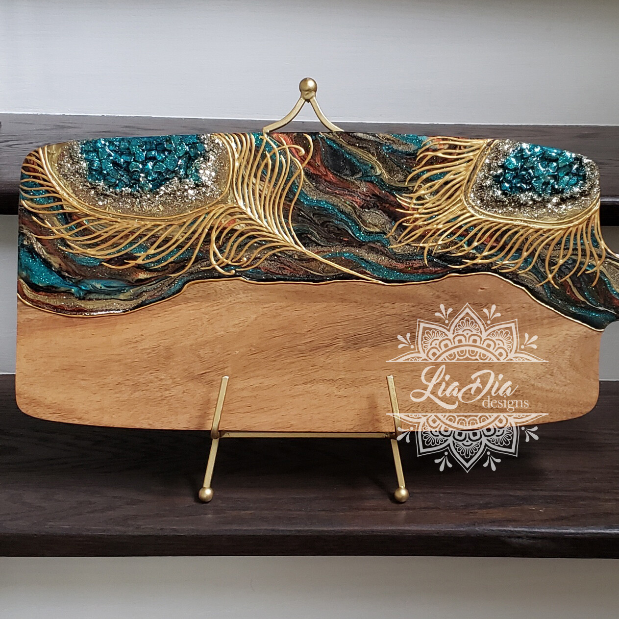 Golden Peacock Resin Geode Style Charcuterie Cheese Paddle Board