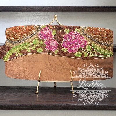 Pink Peonies Resin Geode Style Charcuterie Cheese Paddle Board
