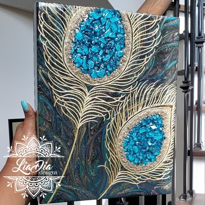"Blue Eyes" - Peacock Feather Resin Geode Style Wooden Canvas Wall Art
