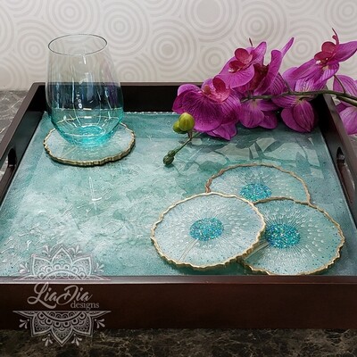 Turquoise Dandelion Wishes Serving Tray and Coaster Set