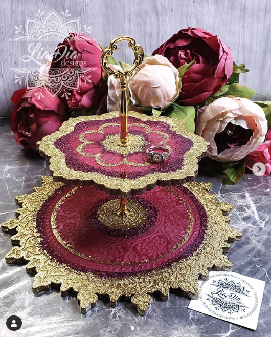 Burgundy and Gold 2 Tier Mandala Jewelry Stand- Small