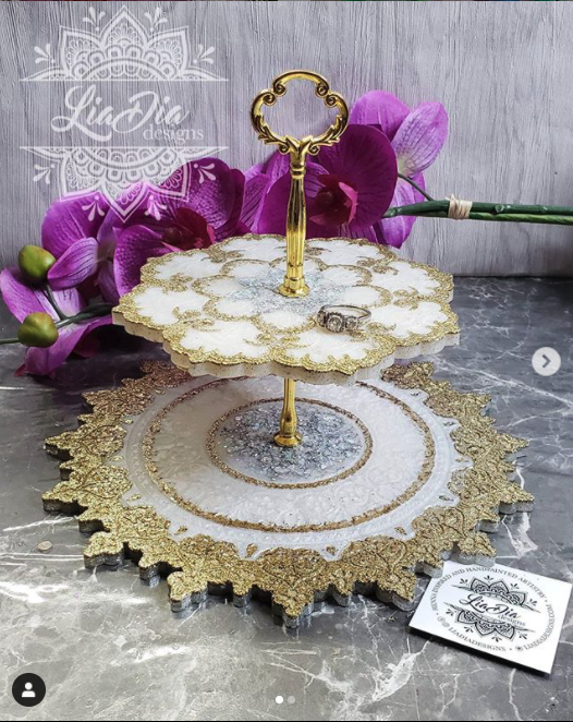 Classic White, Silver & Gold 2 Tier Mandala Jewelry Stand- Small