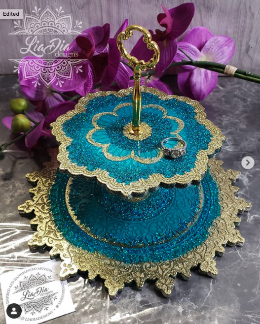 Teal & Gold 2 Tier Mandala Jewelry Stand- Small