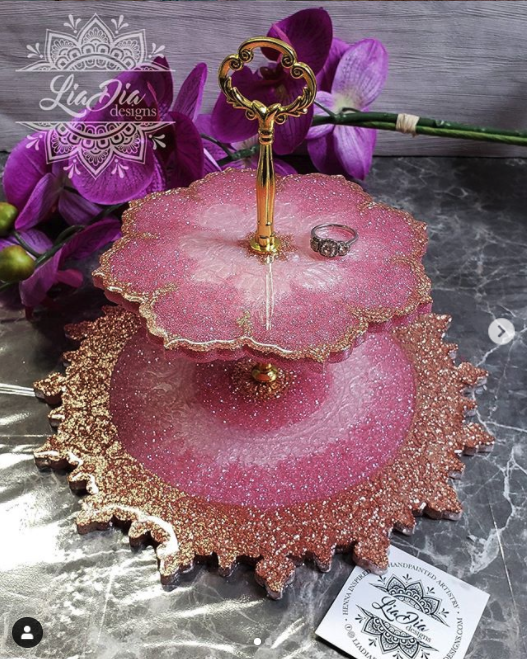 Pink & Rose Gold 2 Tier Mandala Jewelry Stand- Small