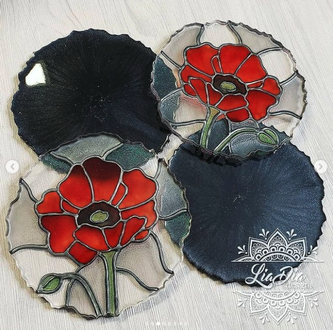 Stained Glass Style Coasters - Poppy - Set of 2