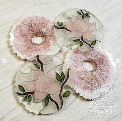 Stained Glass Style Coasters - Cherry Blossom/ Rose - Set of 2