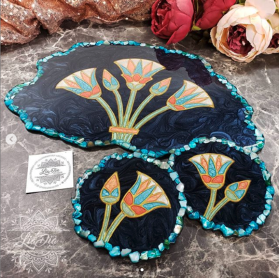 Handpainted Egyptian Lotus Placemat Tray and 2 Coasters Set
