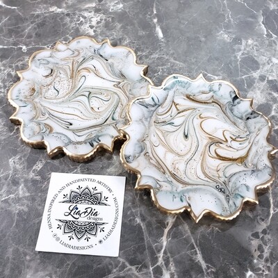 Golden Emerald Marble Blossom Coasters - Set of 2